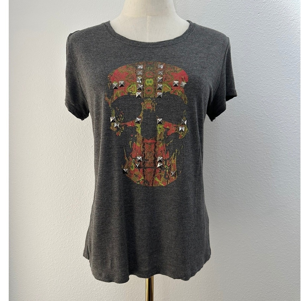 Haute Hippie Skull Studded Graphic T Shirt Womens S Gray Rocker Edgy Grunge